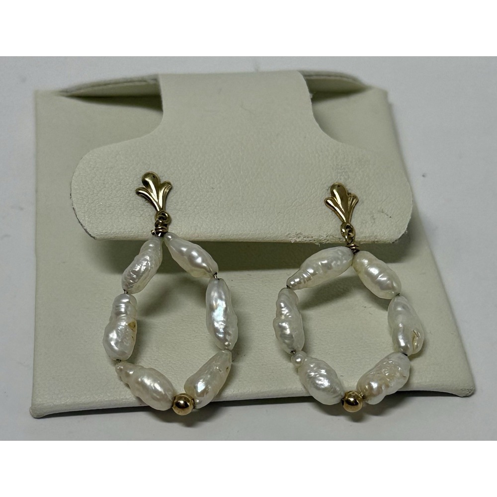 Vintage 14k Gold Freshwater Pearl Drop Dangle Stud Earrings 1.5" Long 3.8 Grams